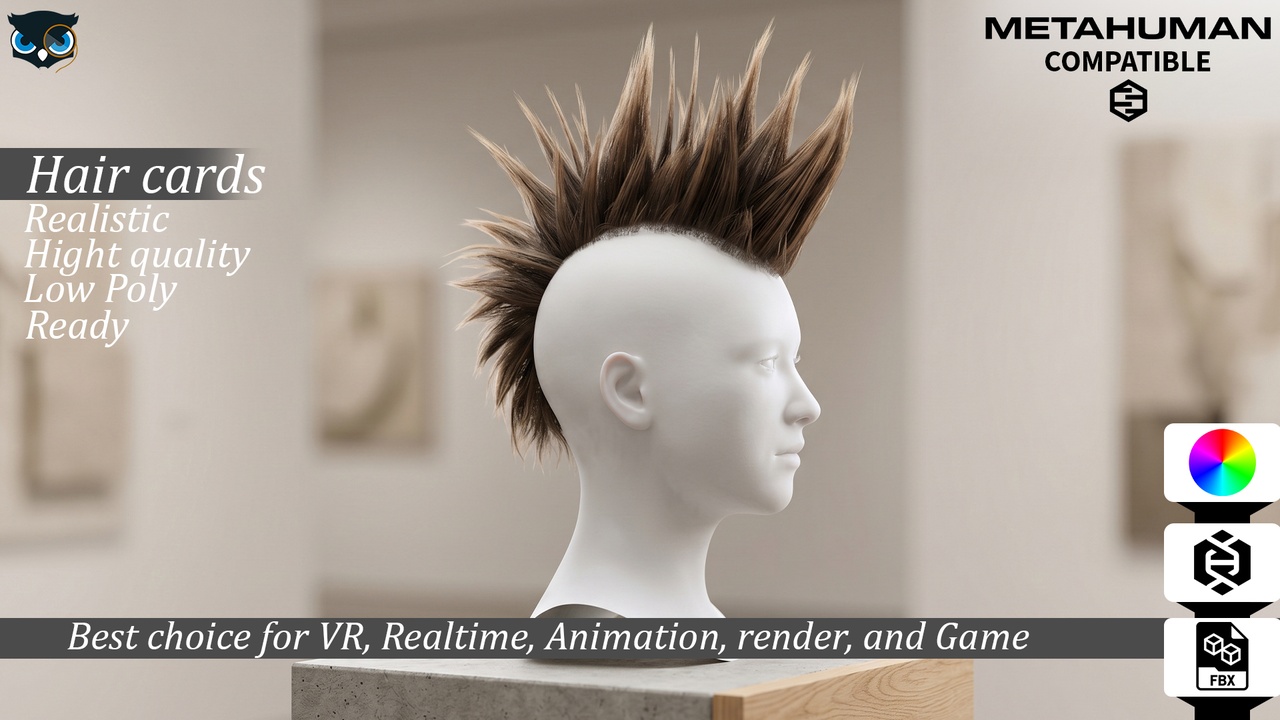 Media 1 for listing Cyberpunk Mohawk Hair Cards MetaHuman Compatible Real Time Punk Spikes