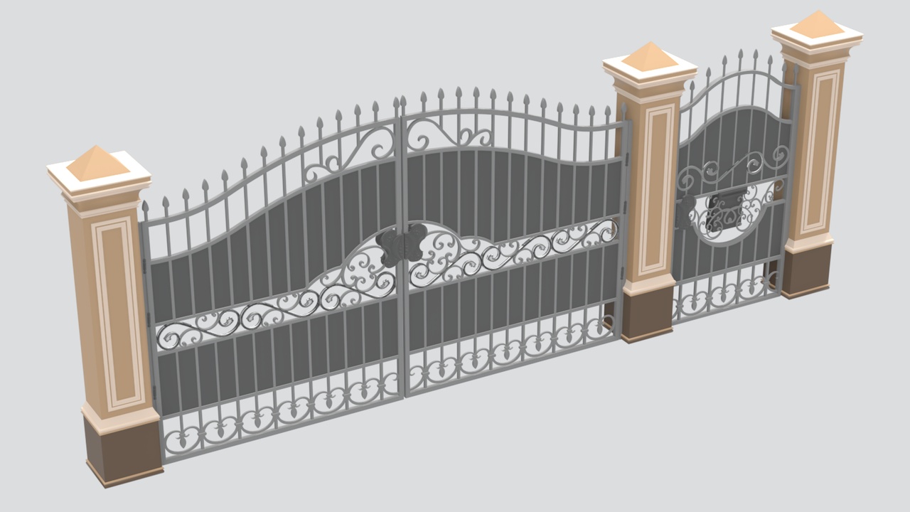 Media 1 for listing Wrought Iron Main Gate with Side Gate and Stone Pillars 3D Model