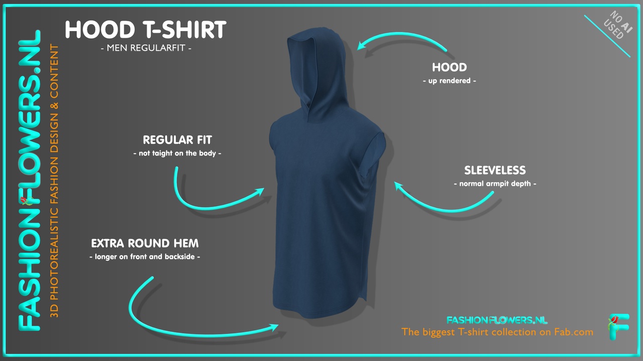Media 1 for listing Blue Colour Hooded Sleeveless T-Shirt | Extra Round Underside | Cowl Shirt