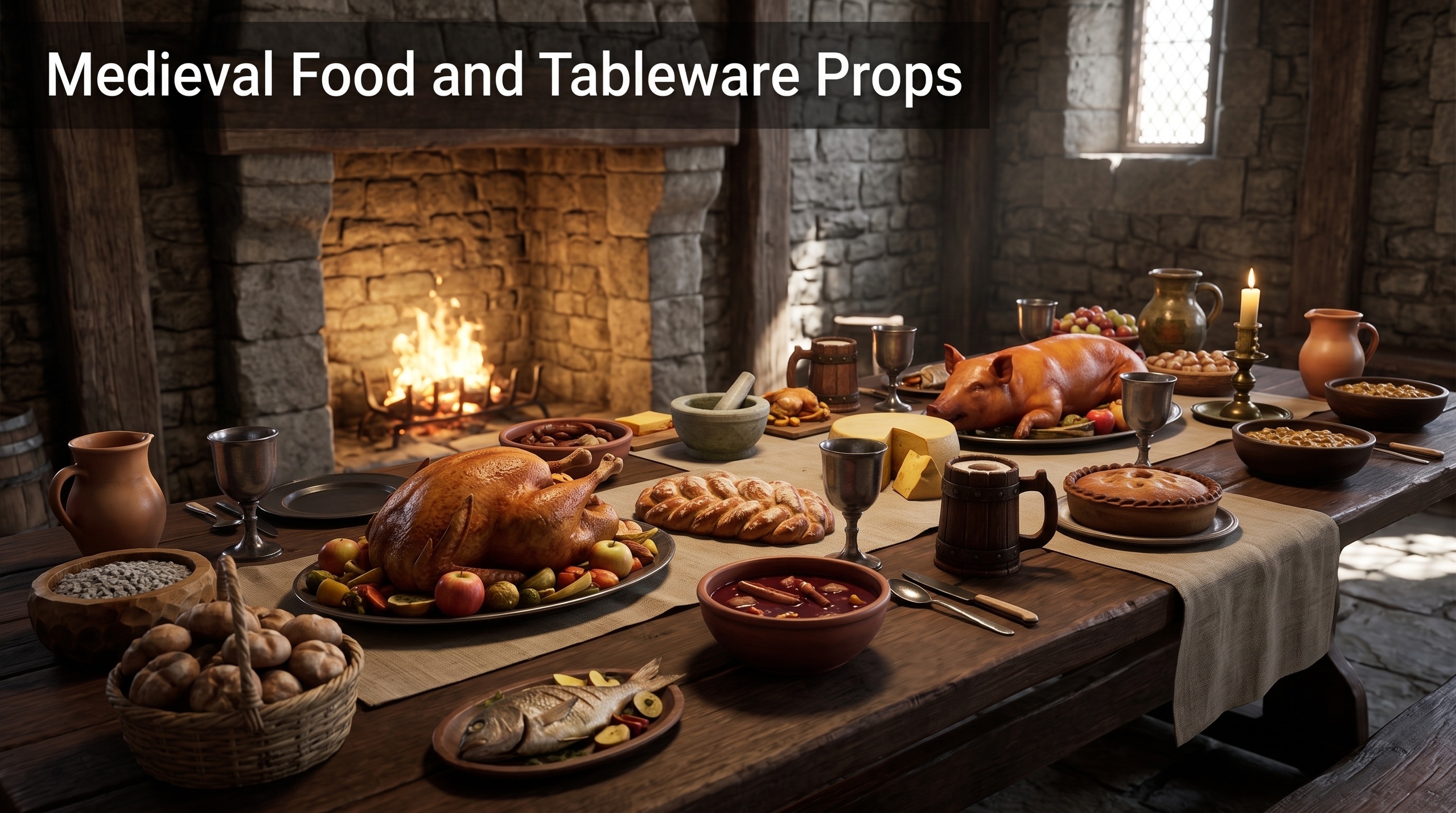 Media 1 for listing Medieval Food and Tableware Props 3D Asset Pack