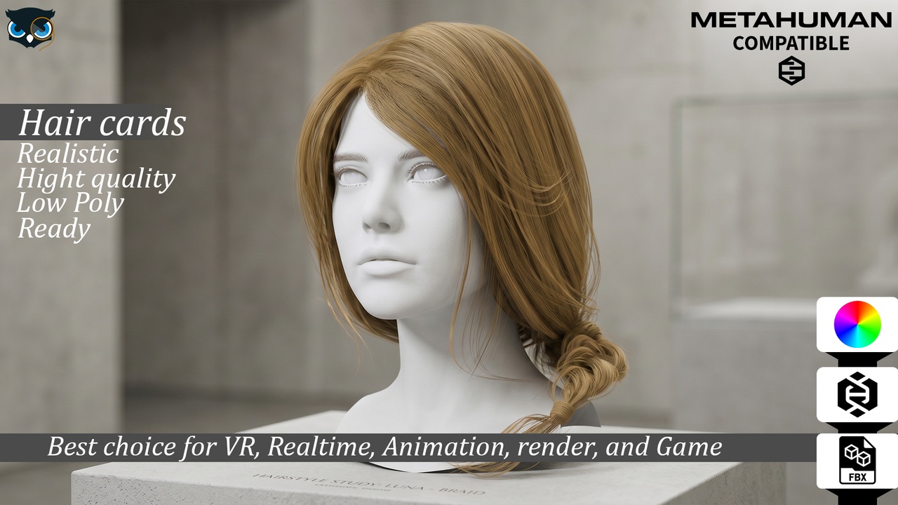 Media 1 for listing Realistic Side Braid Hair Cards MetaHuman Compatible Realtime Hairstyle