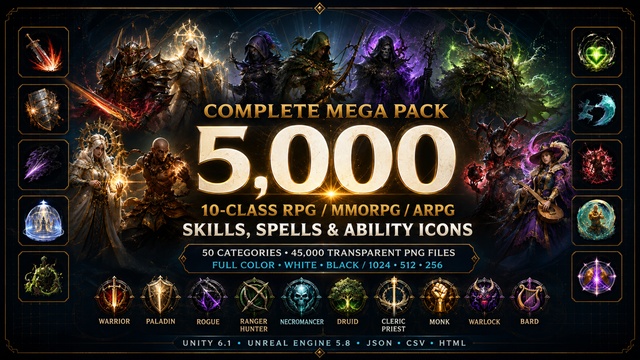 5,000 RPG MMORPG Skills, Spells & Ability Icons | 10-Class Mega Pack | PART 1 — Cobalt Game Assets