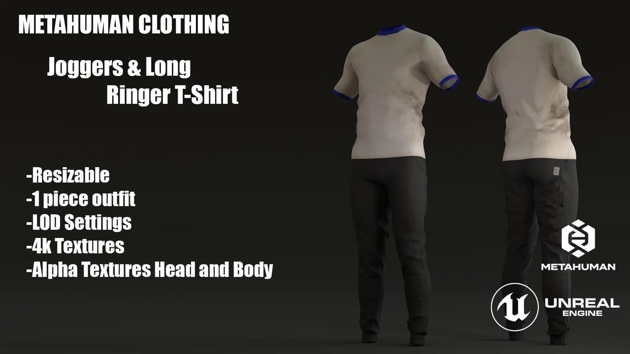 Media 1 for listing Joggers & Long Ringer T-Shirt | Resizable Metahuman Outfit