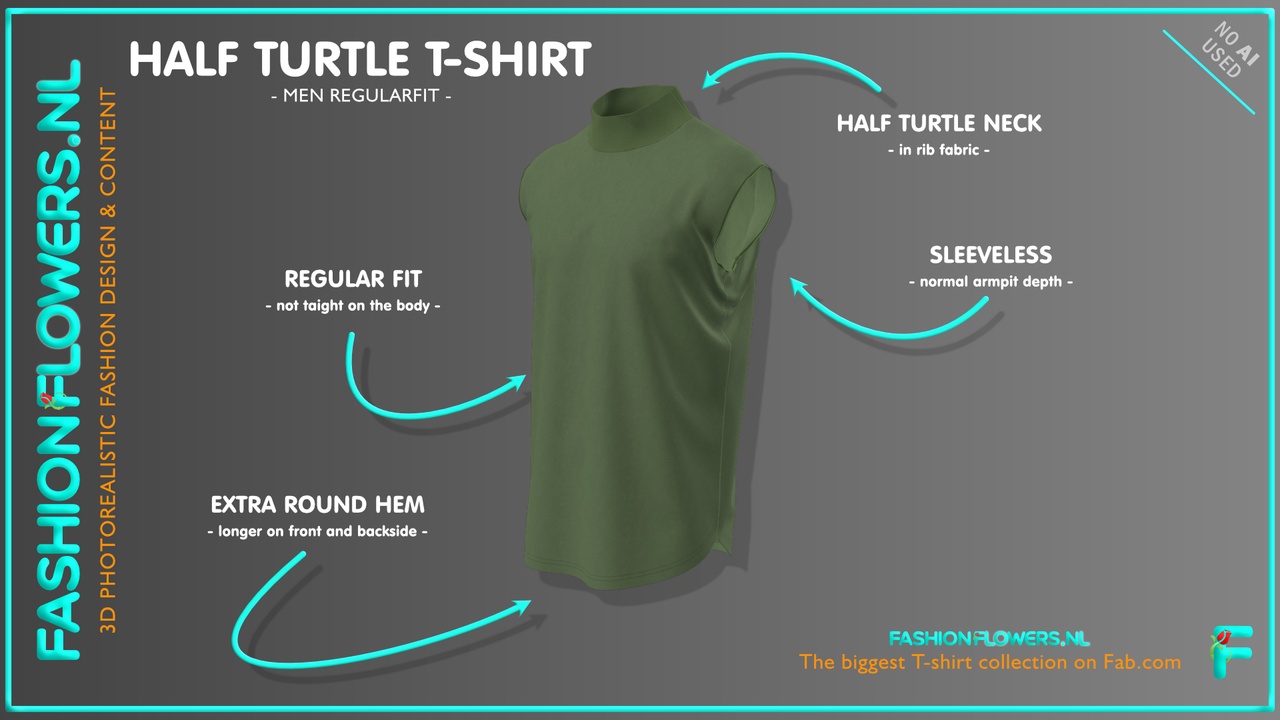 Media 1 for listing Green Colour Half Turtleneck Sleevless T-shirt With Extra Rounded Underside