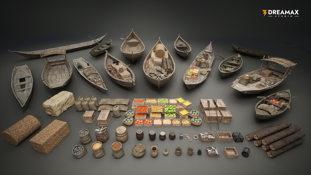 Media 1 for listing Medieval Rowboats & Harbor Trade Props Pack – Fishing, Cargo & Dock Assets