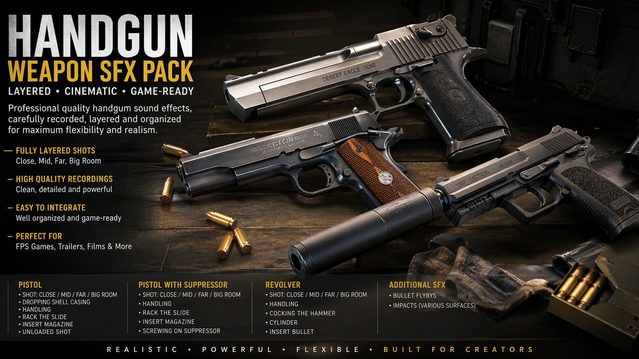 Media 1 for listing Handgun Weapon SFX Pack – Layered, Cinematic & Game-Ready