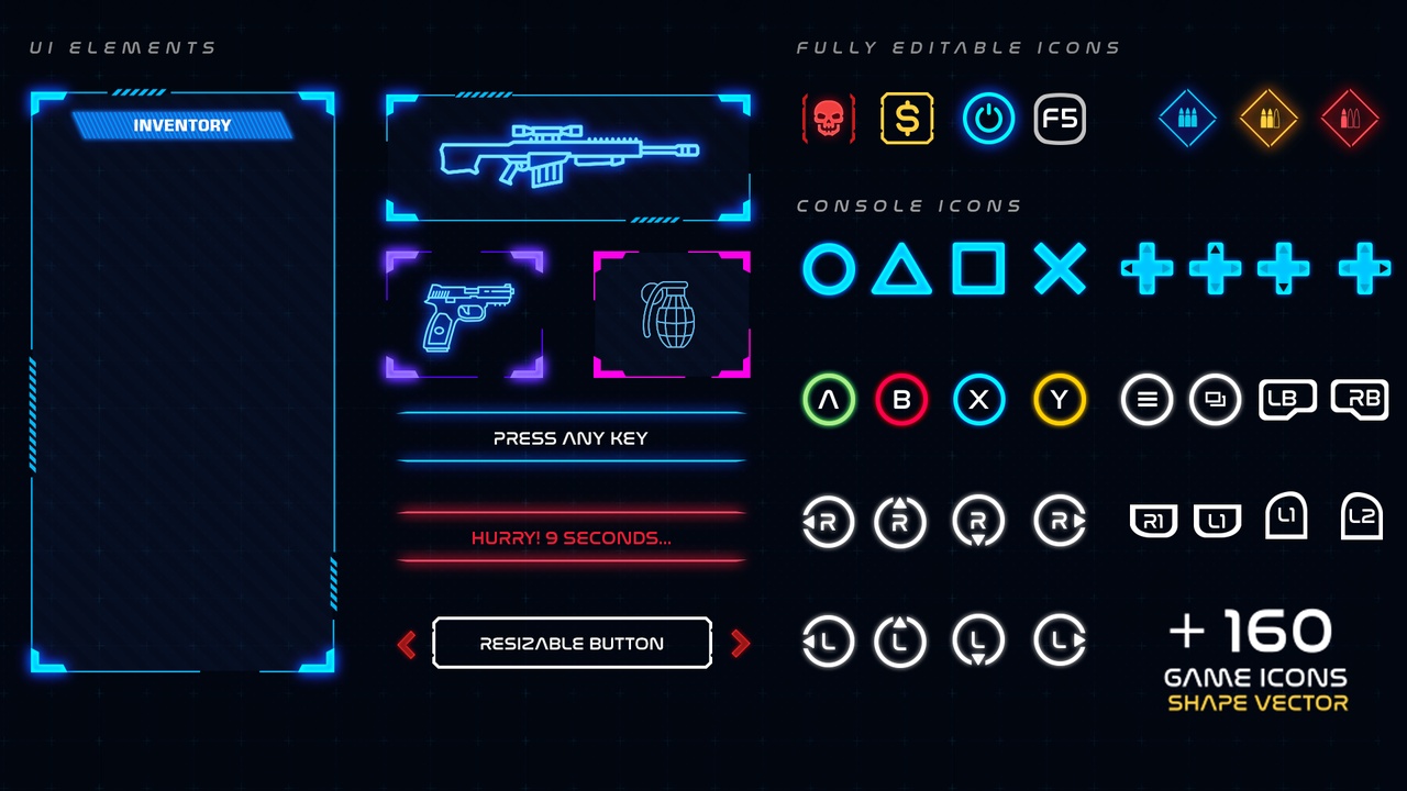 Media 1 for listing TECHNO SCI-FI CYBERPUNK FUTURISTIC UI ELEMENTS - EDITABLE PSD VECTOR