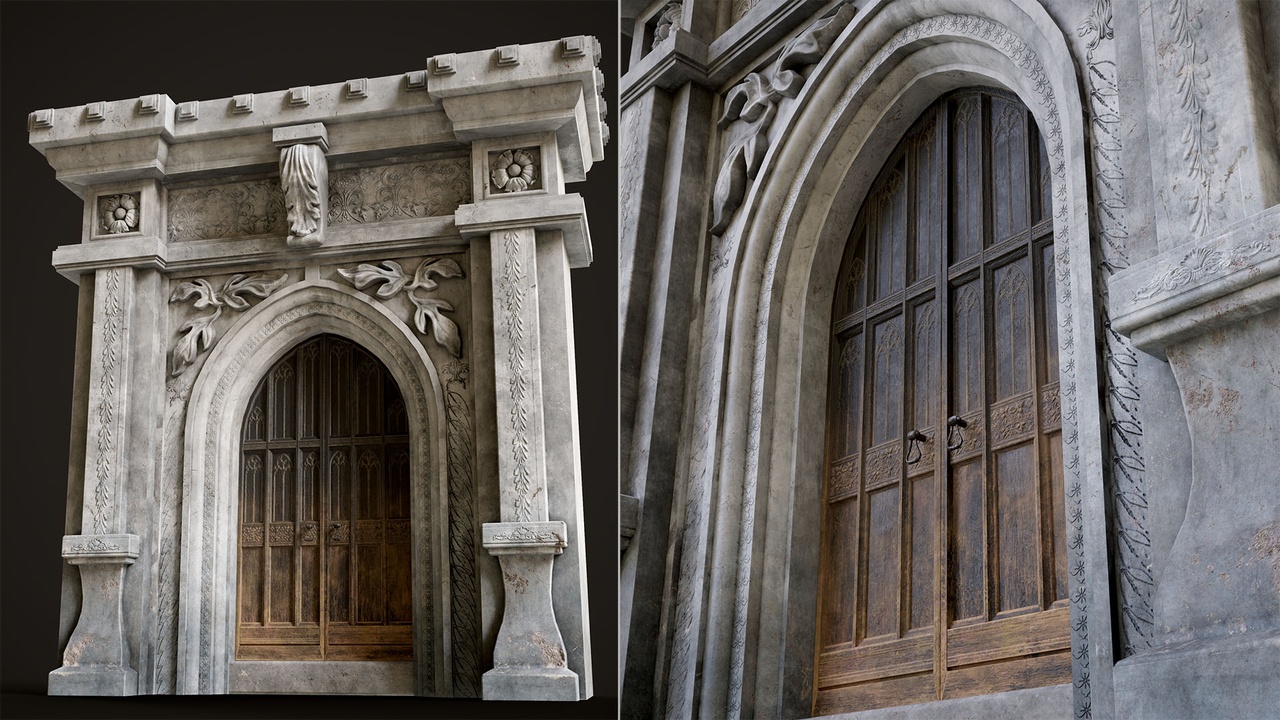 Old Gothic Door with Decorated Stone Arch 제품 등록을 위한 미디어 1개