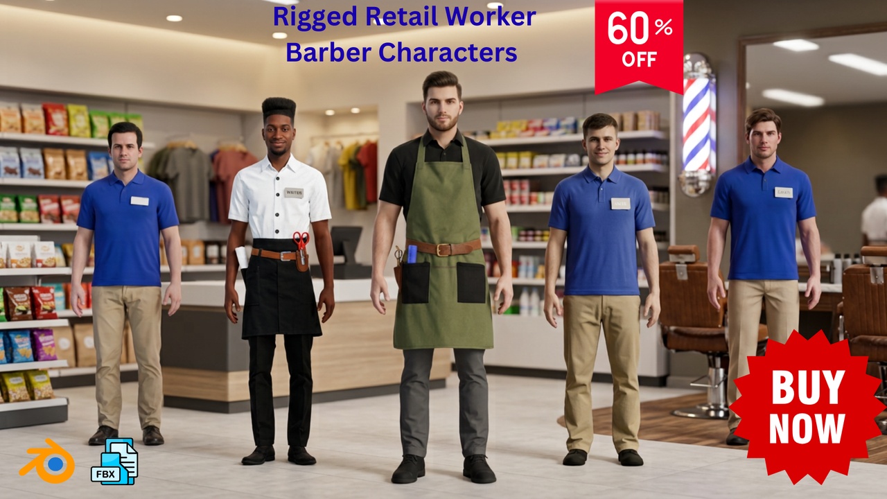 Media 1 for listing NPC Pack 5 Rigged Retail Worker Barber Characters Game Ready