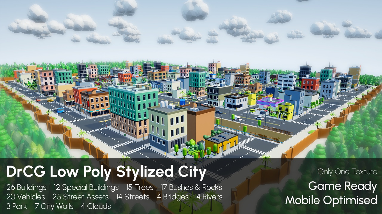 Media 1 for listing Low Poly City Asset Pack (Modular Stylized) DrCG, Buildings , Cars, Trees