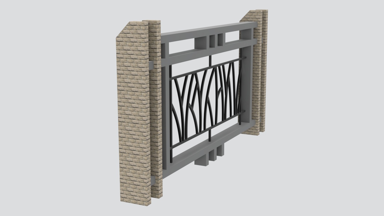 Media 1 for listing Brick Pillar Metal Fence with Branch Motif Panel 3D Model