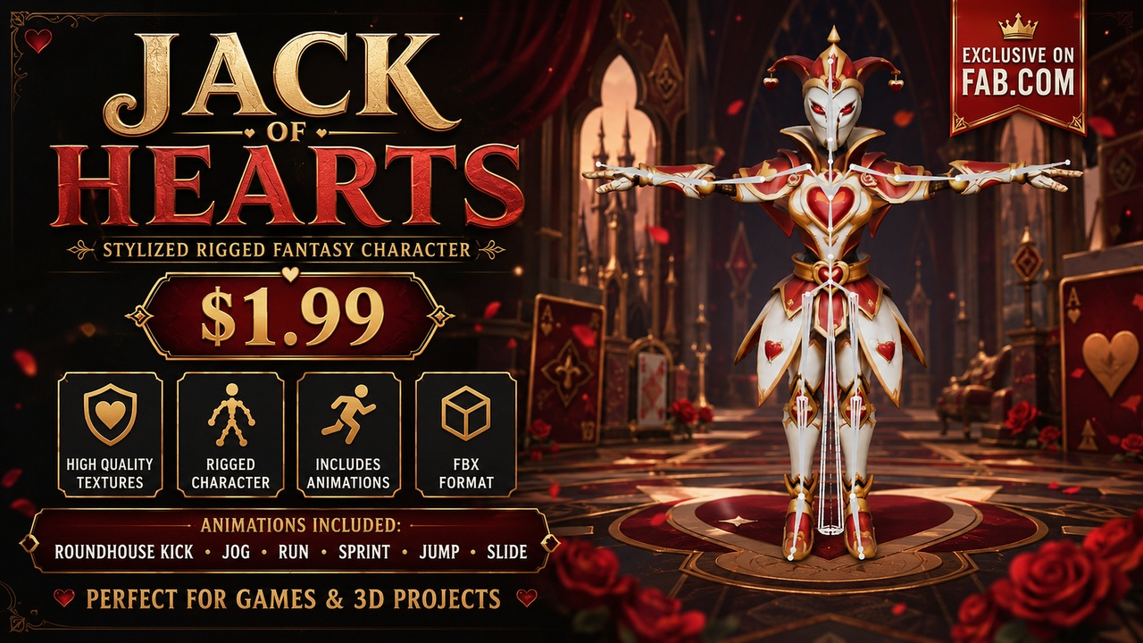 Media 1 for listing Jack of Hearts | Stylized Rigged Fantasy Character | Animated FBX