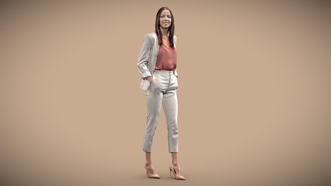 Media 1 for listing Happy confident business woman walking with hands in pockets - 3d posed scan
