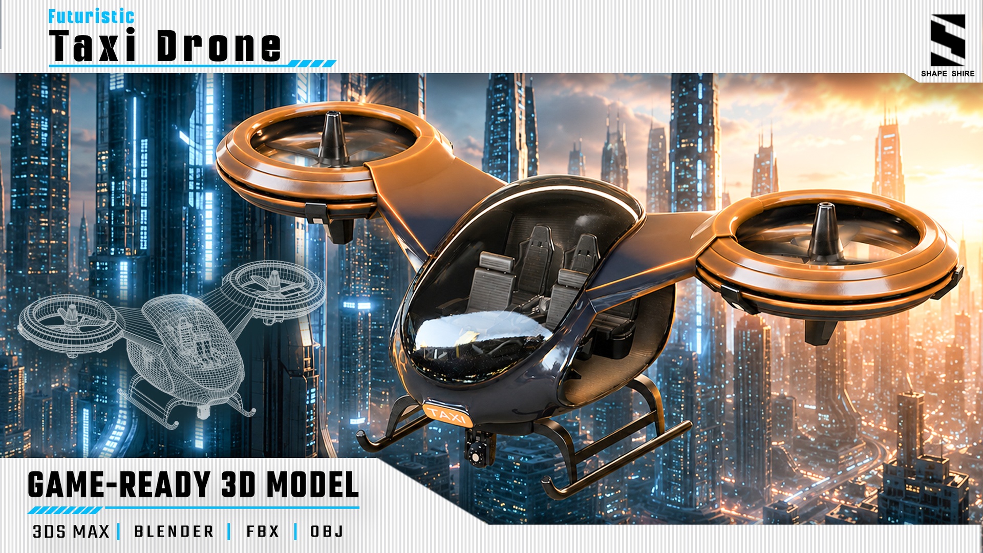Media 1 for listing Futuristic Taxi Drone 3D Model | PBR Game-Ready Sci-Fi Vehicle