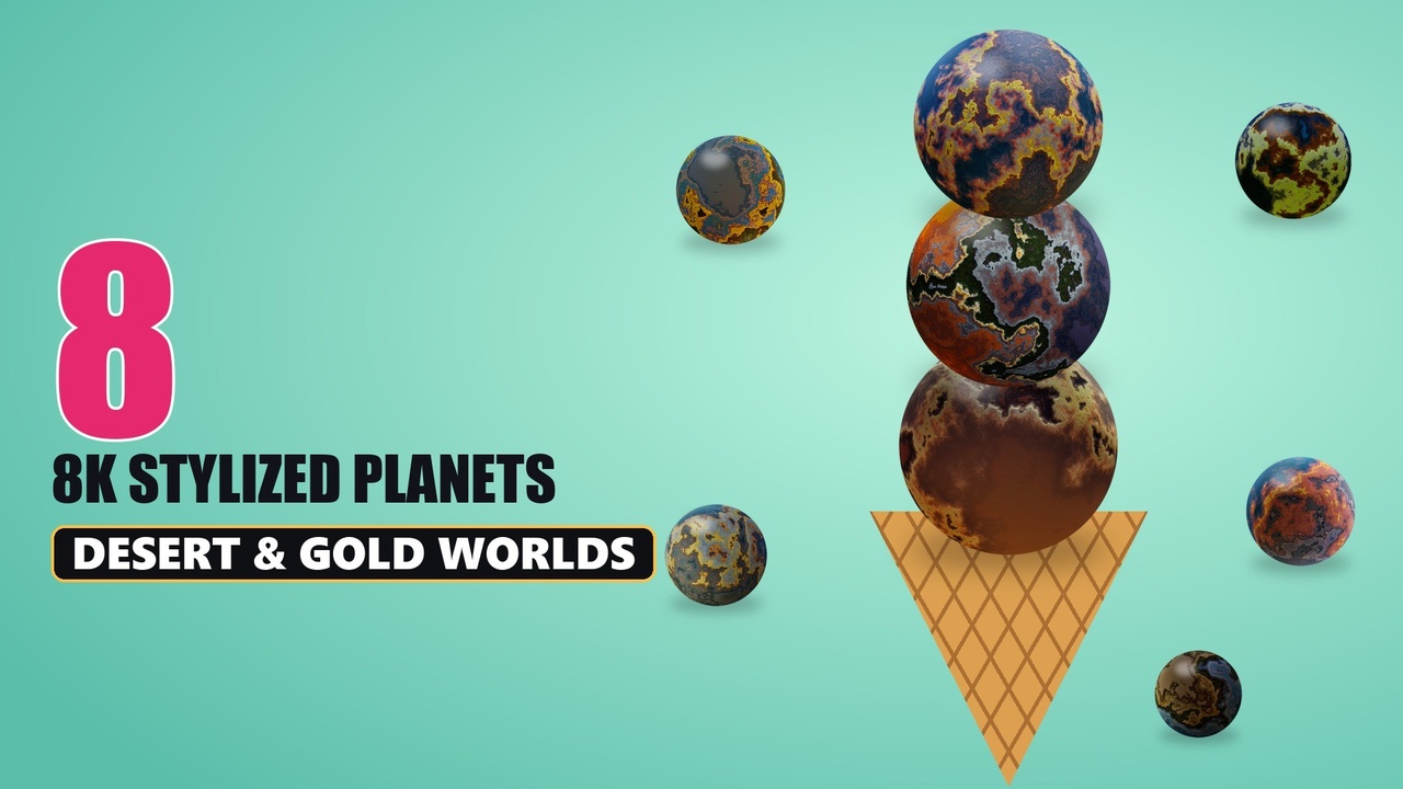 Media 1 for listing Stylized Desert Planets Bundle - 8 Gold & Sand Worlds with 8K Textures