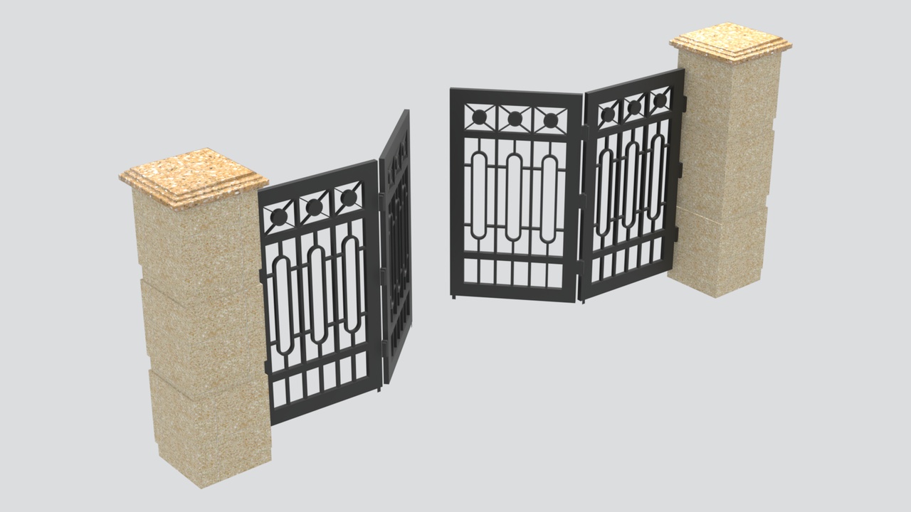 Media 1 for listing Folding Iron Bi-Fold Driveway Gate between Stone Pillars 3D Model