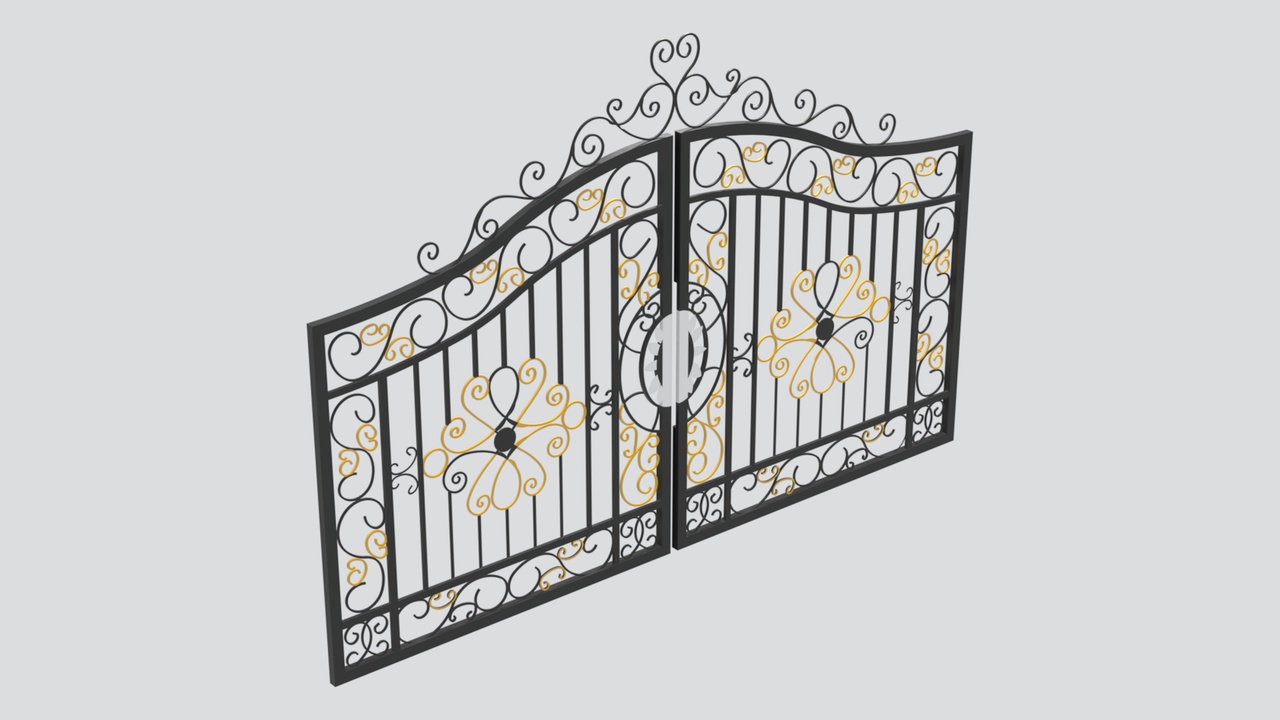 Media 1 for listing Ornate Wrought Iron Double Gate with Gold Floral Accents 3D Model
