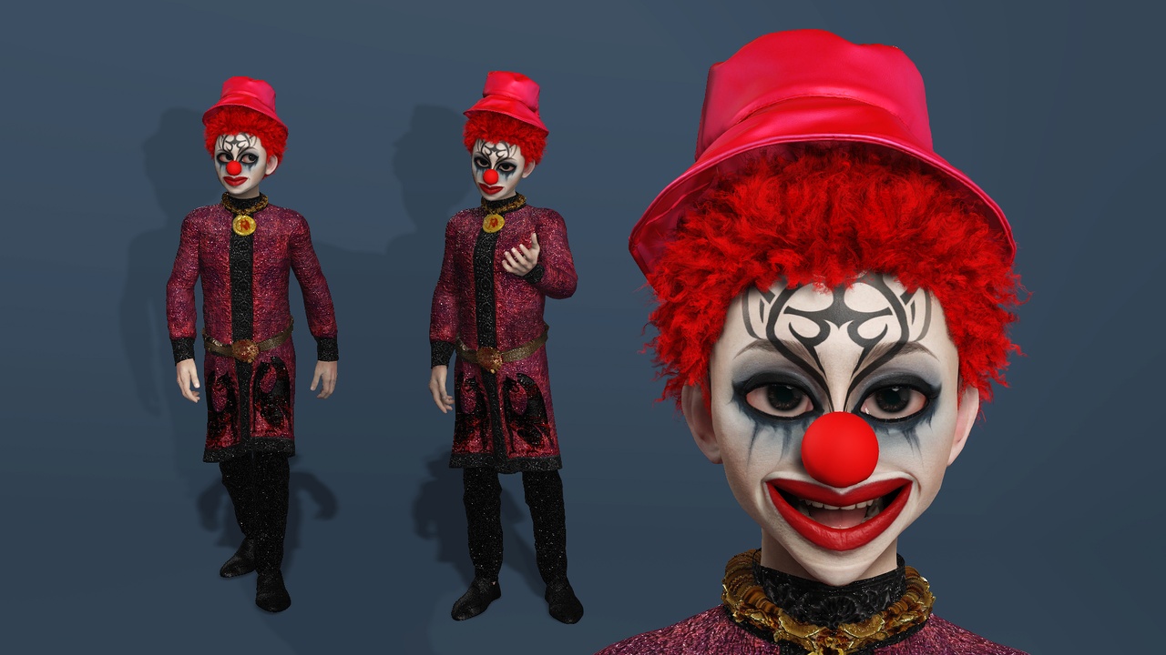 Media 1 for listing Stylized Fantasy Dark Circus Clown Villain Fully Rigged Blendshapes风格化魔幻暗黑马戏团小丑