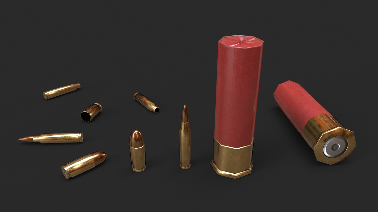 Media 1 for listing Game Ready PBR Low Poly Pistol Rifle Shotgun Bullets