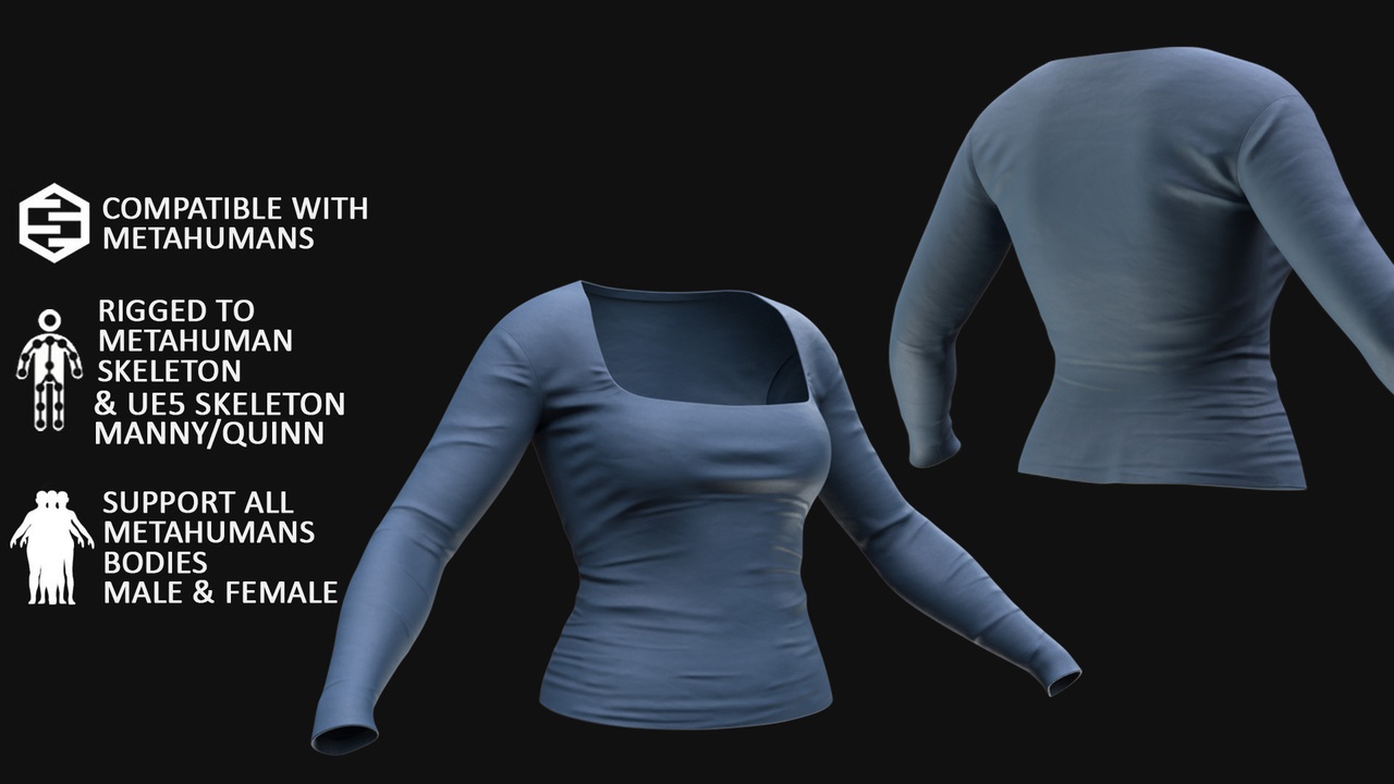 Media 1 for listing Long Sleeve Top for Metahuman 3D model 139 - MH & UE5 Skeletons - Rigged