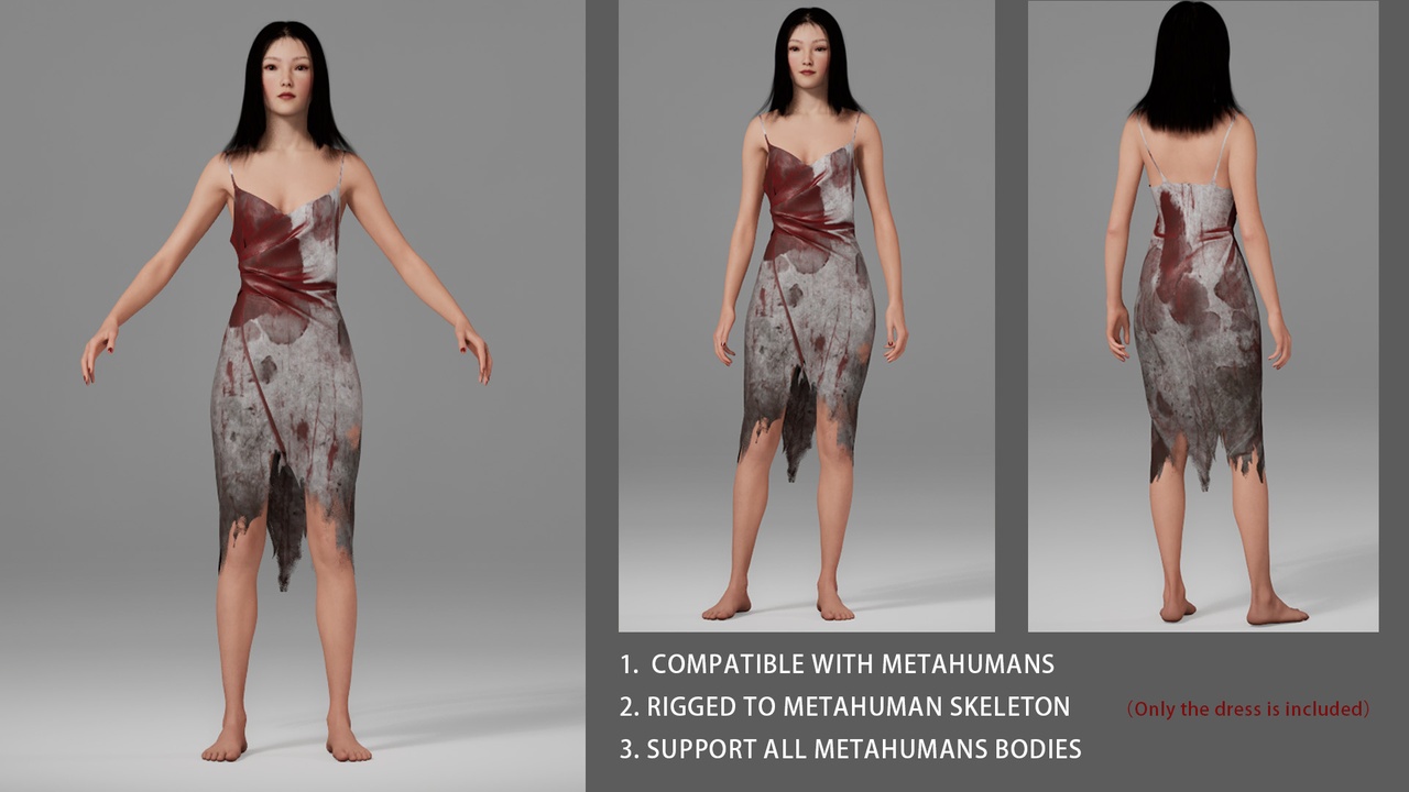 Media 1 for listing Horror Blood-Stained Realistic Dress for MetaHuman