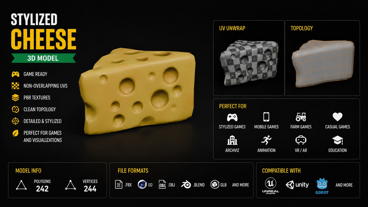 Media 1 for listing Stylized Cheese Slice – Low Poly Game Ready