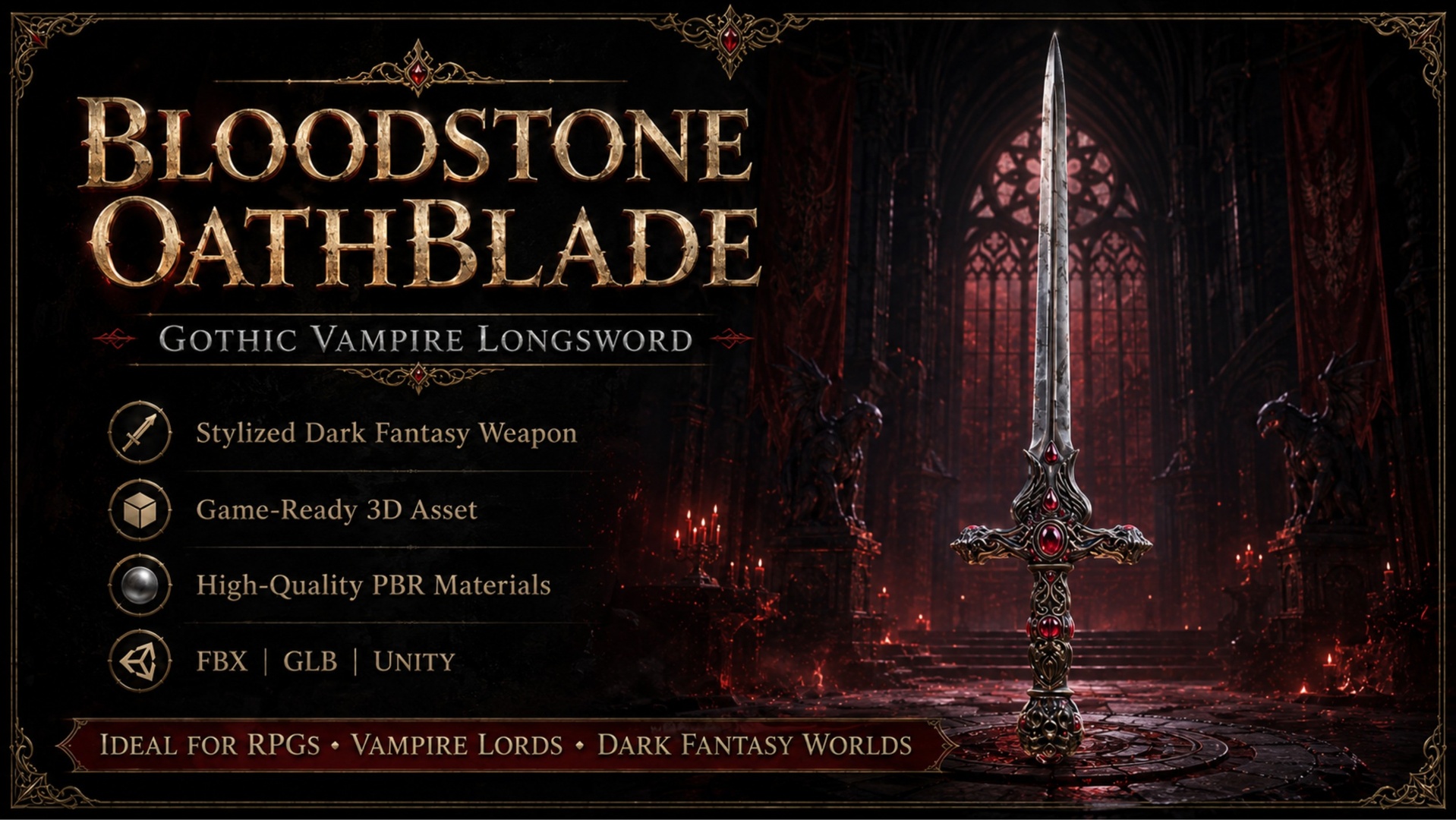 Media 1 for listing Bloodstone Oathblade – Gothic Vampire Longsword