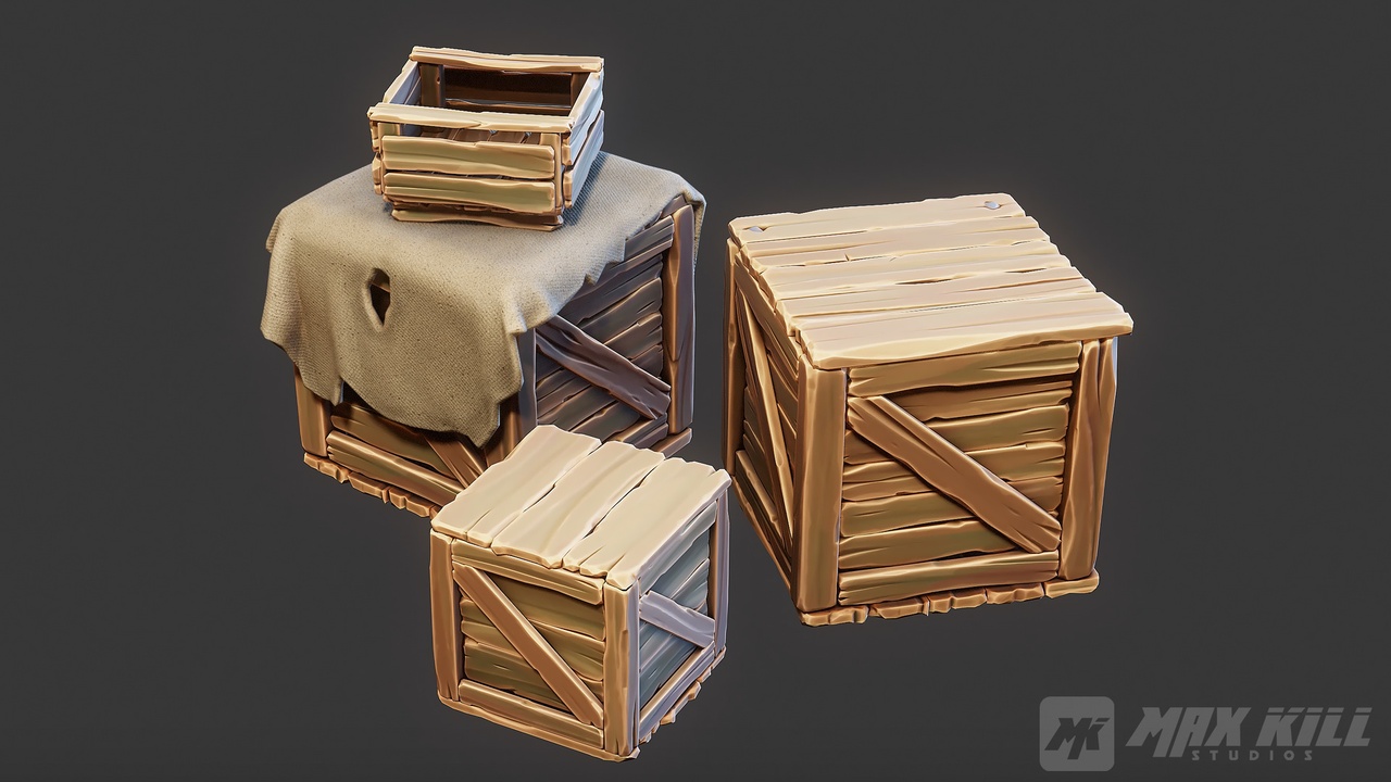 Media 1 for listing Stylized Medieval Wooden Crates & Tray