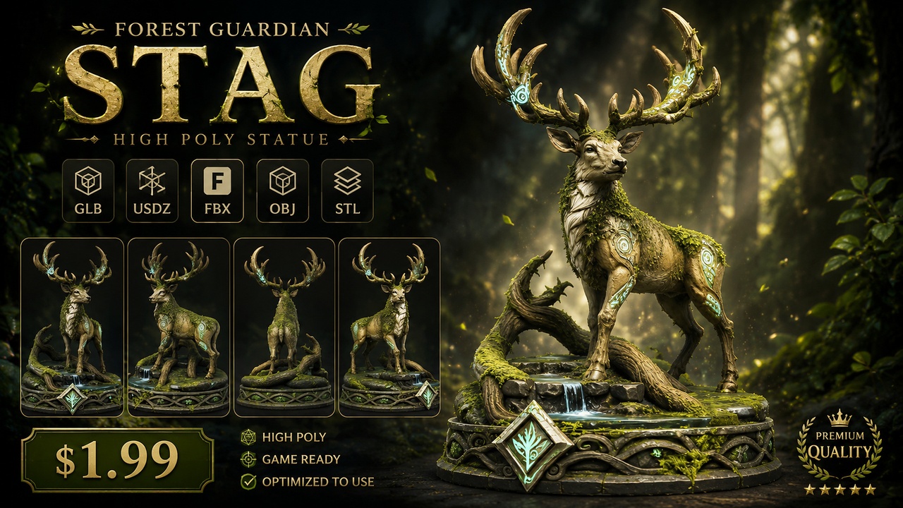Media 1 for listing Forest Guardian Stag | High Poly Fantasy Statue | Game Ready