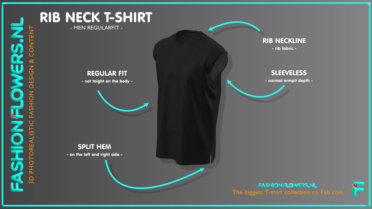 Media 1 for listing Black Colour Sleeveless Side Splits T-shirt | Rib Tape Round-Neck | Straight Hem