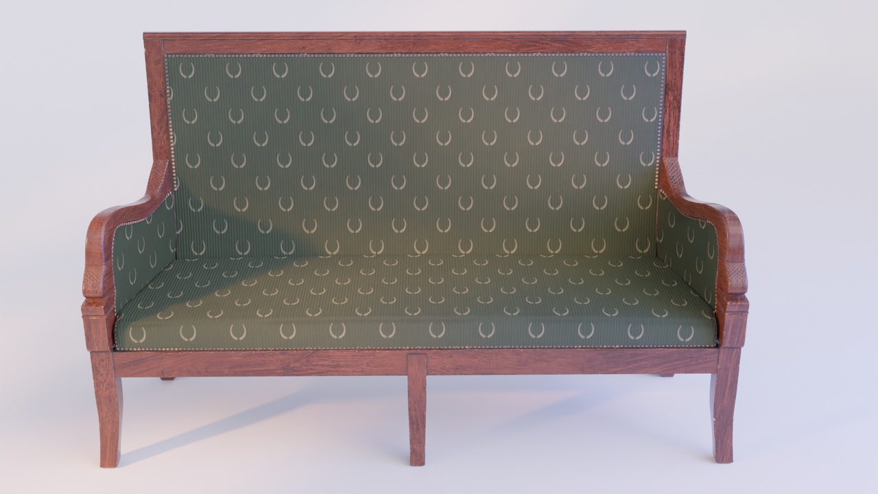 Media 1 for listing Empire Era Sofa — Hand-Carved Mahogany with Laurel Textile
