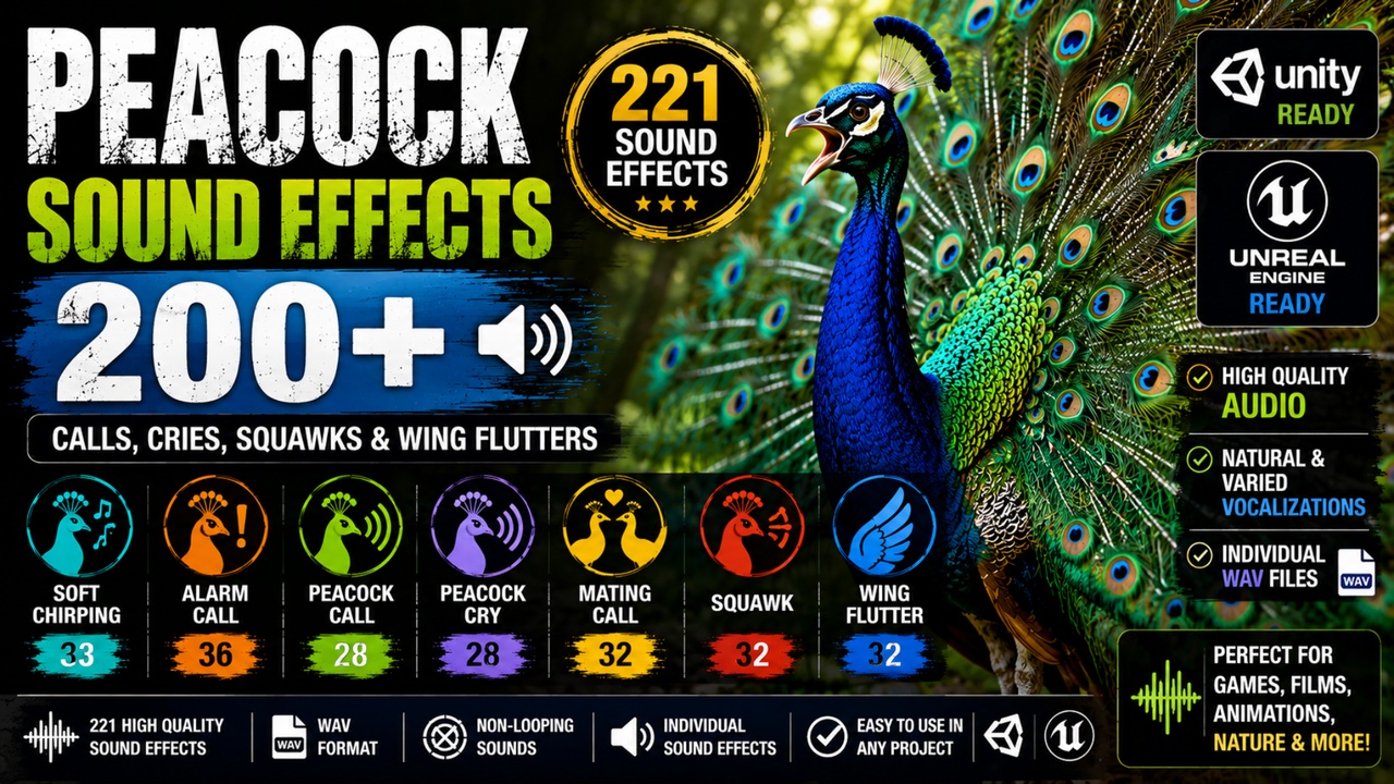 Media 1 for listing Peacock Sound Effects 200+ – Calls, Cries, Squawks & Wing Flutters