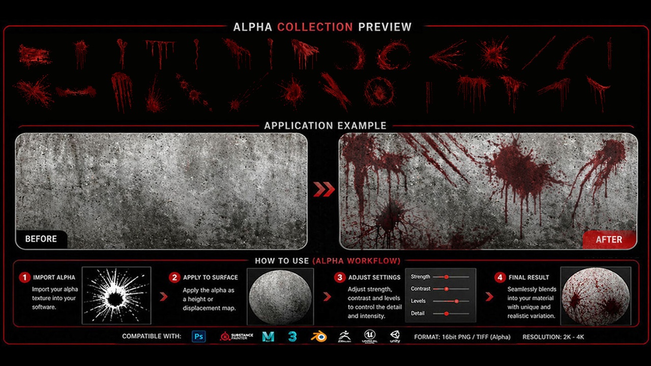 Media 1 for listing Blood Impact & Splatter Alpha Brush Pack V02 - 50 Pieces (4K)