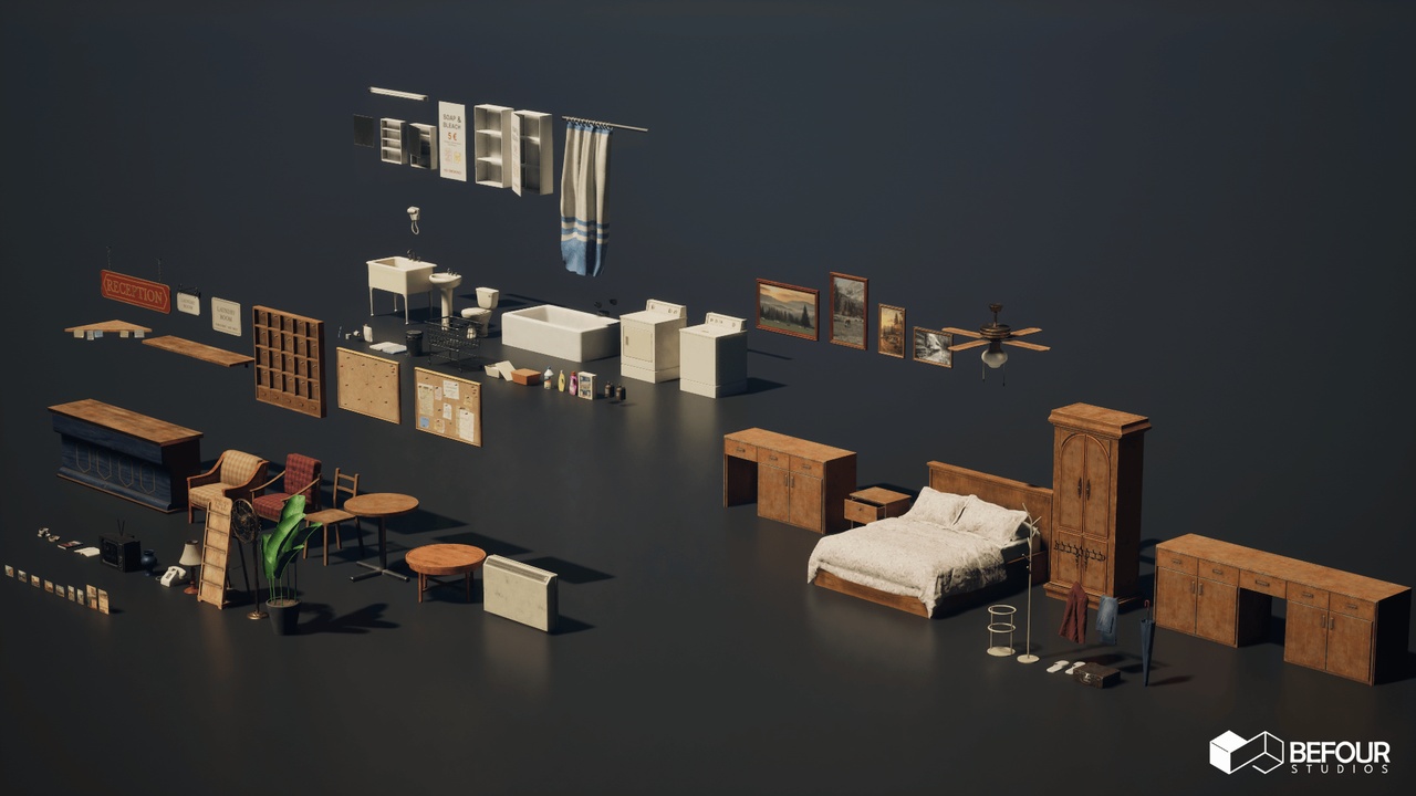 Media 1 for listing Motel Furniture Props Pack (Room + Reception + Laundry)