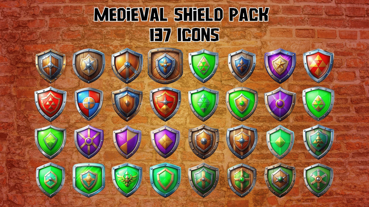 商品 137 Medieval Shield Icons Pack with Transparent Background 的媒体 1