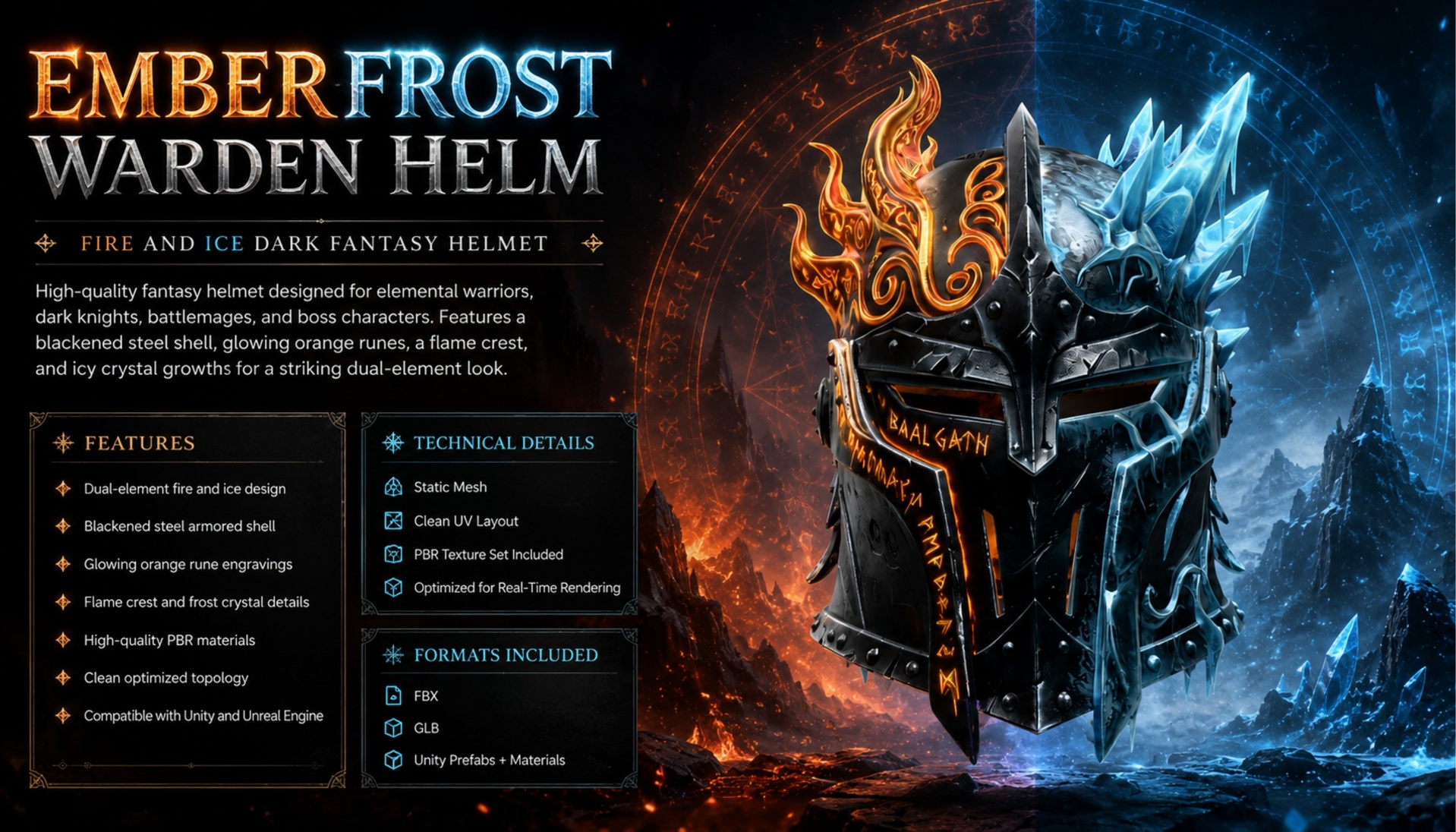 Media 1 for listing Emberfrost Warden Helm – Fire and Ice Dark Fantasy Helmet