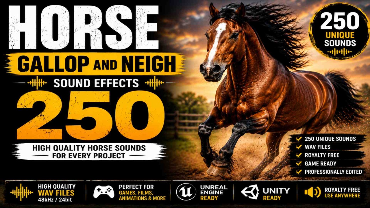 Media 1 for listing Horse Gallop & Neigh 250 Sound Effects FX – High-Quality Horse Sounds