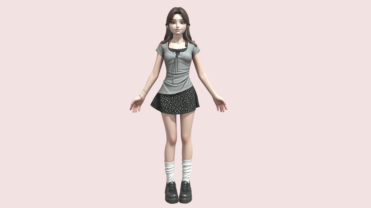 Media 1 for listing 3D卡通少女全身模型｜灰上衣碎花短裙穿搭人偶