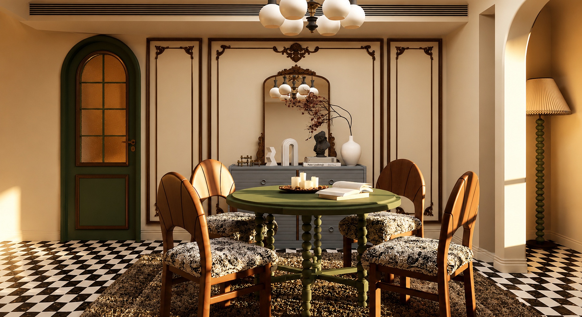 Media 1 for listing Modern Minimalist Dining Set: Round Green Table with Upholstered Chairs