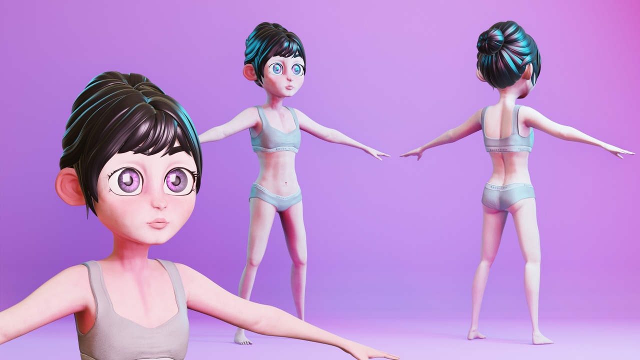 Media 1 for listing Stylized Cartoon Kid Girl Rigged Base Mesh 3D Character