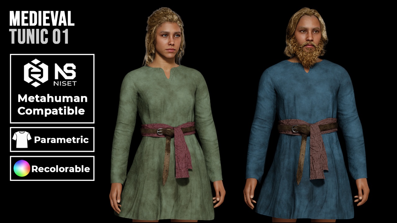 Media 1 for listing Medieval Tunic 01 - Recolorable Parametric Metahuman Clothing MH UE5 MHPKG