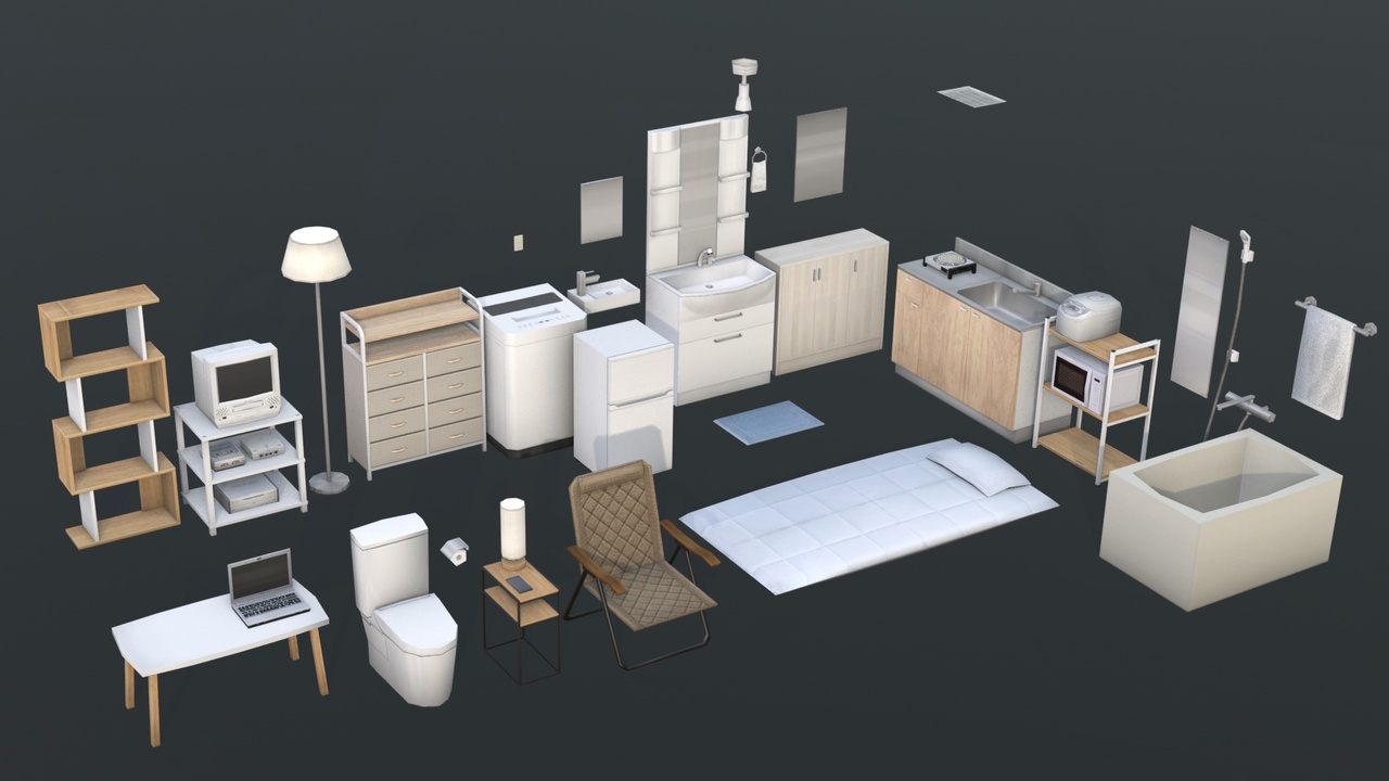 Media 1 for listing Japanese Apartment Props and Furniture - low-poly, retro game style