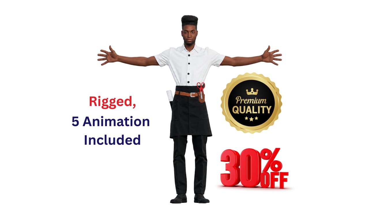 Media 1 for listing Realistic Black Male Barber Hair Stylist Character - PBR Game Ready