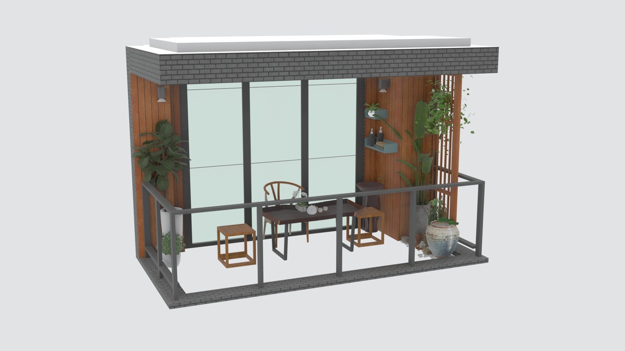 Media 1 for listing Balcony Garden Terrace Scene with Glass Doors and Metal Railing 3D Model