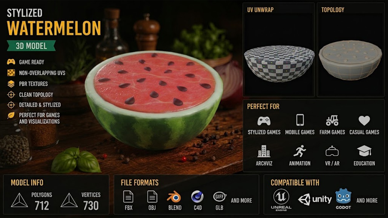 Media 1 for listing Stylized Watermelon – Game-Ready 3D Model