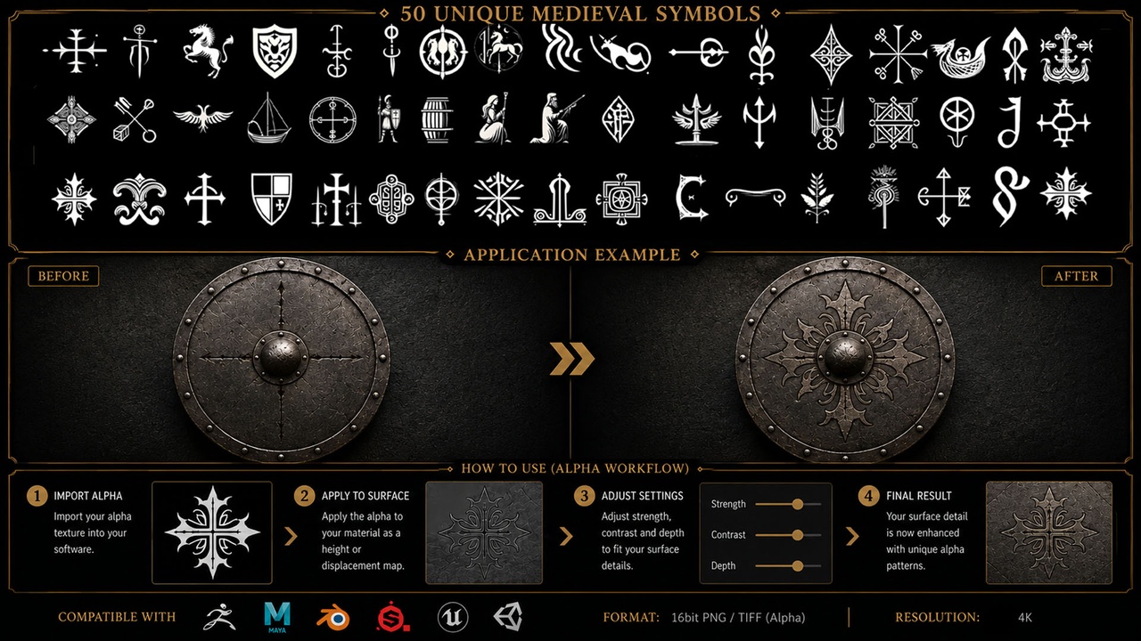 Media 1 for listing 50 Medieval Symbols Alpha Pack Engraved Armor, Shield, Weapon Detail Brushes V01