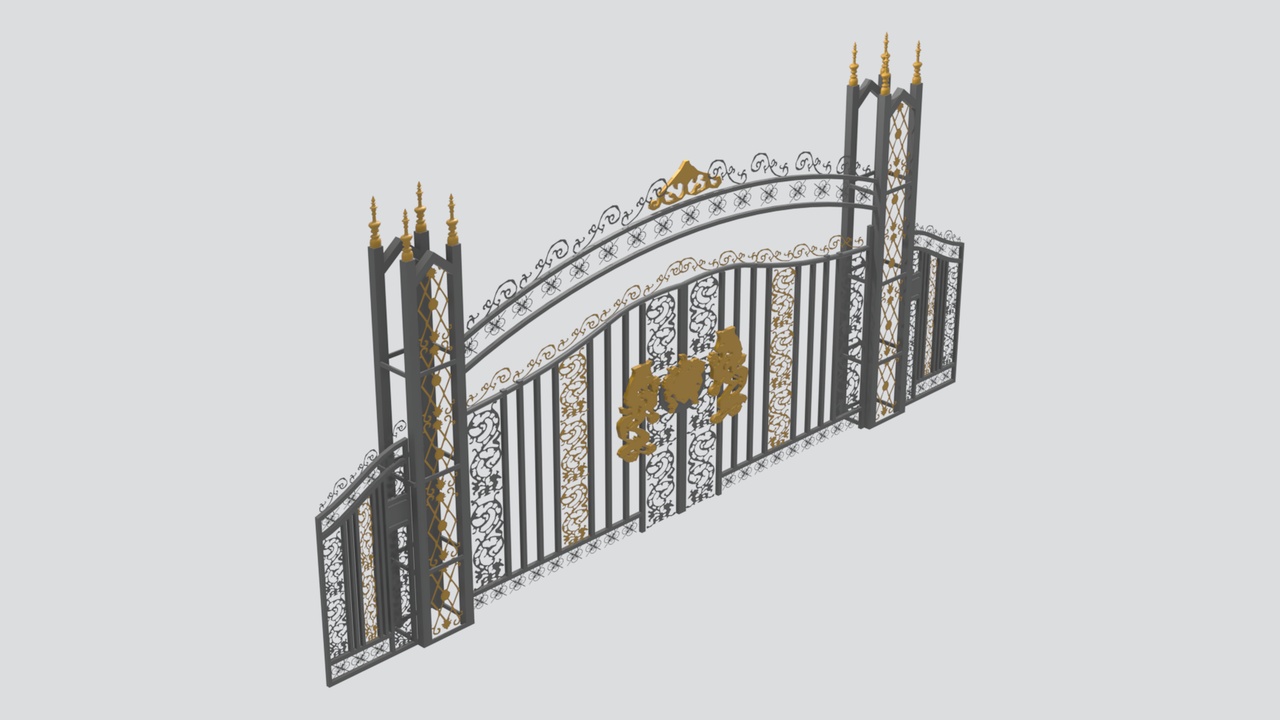 Media 1 for listing Luxury Wrought Iron Entrance Gate with Gold Ornament Panels 3D Model