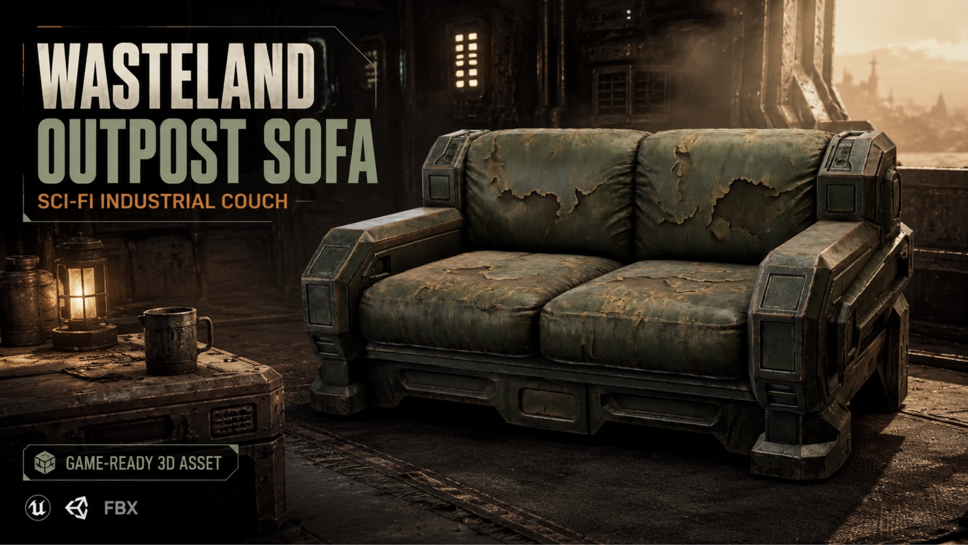 Media 1 for listing Wasteland Outpost Sofa – Sci-Fi Industrial Couch