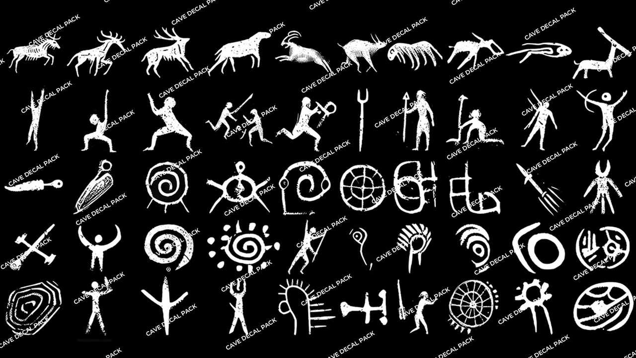 Media 1 for listing 50 Cave Painting Alphas & Decals – 4K Tribal Symbols, Hunters & Animals
