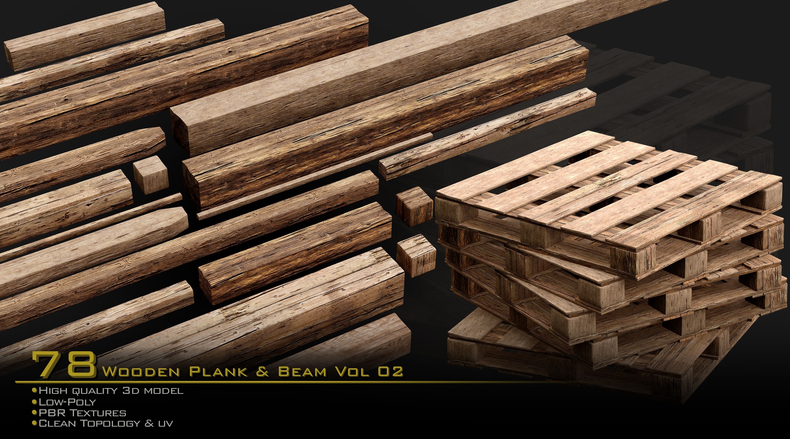 Media 1 for listing Wooden Plank & Beam Vol.02 – Medieval 3D Asset Pack/Low Poly/Game Ready
